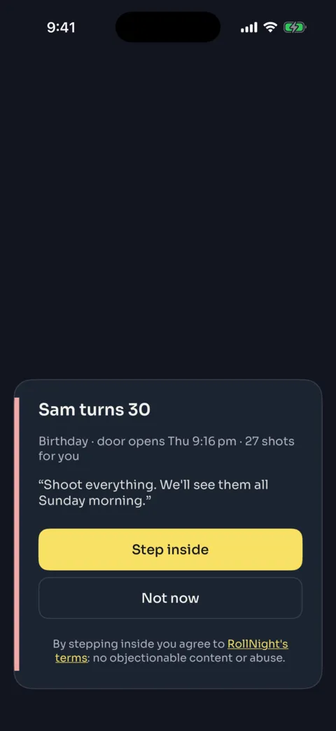 The event card: the event’s name, its shots and when the door opens